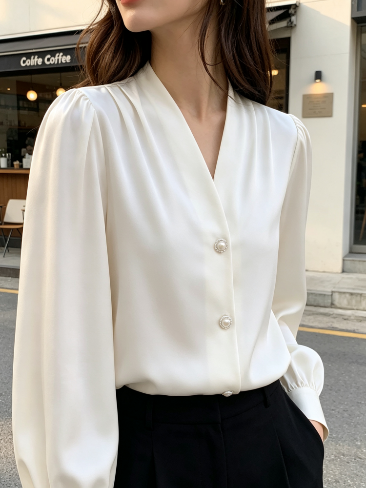 Chemisier élégant pour femme à col en V et manches longues bouffantes, chemise de bureau décontractée chic avec boutons en perles et plis sur le devant en satin