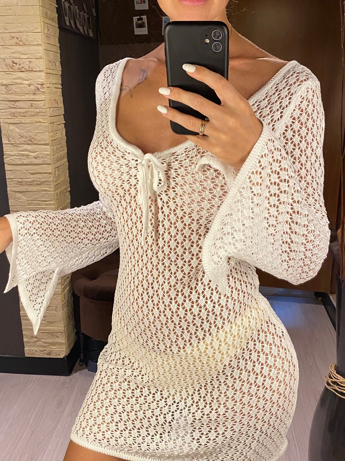 Robe de plage ajourée à manches longues, col en V, tunique crochet, cover-up, vêtements de plage, V6081