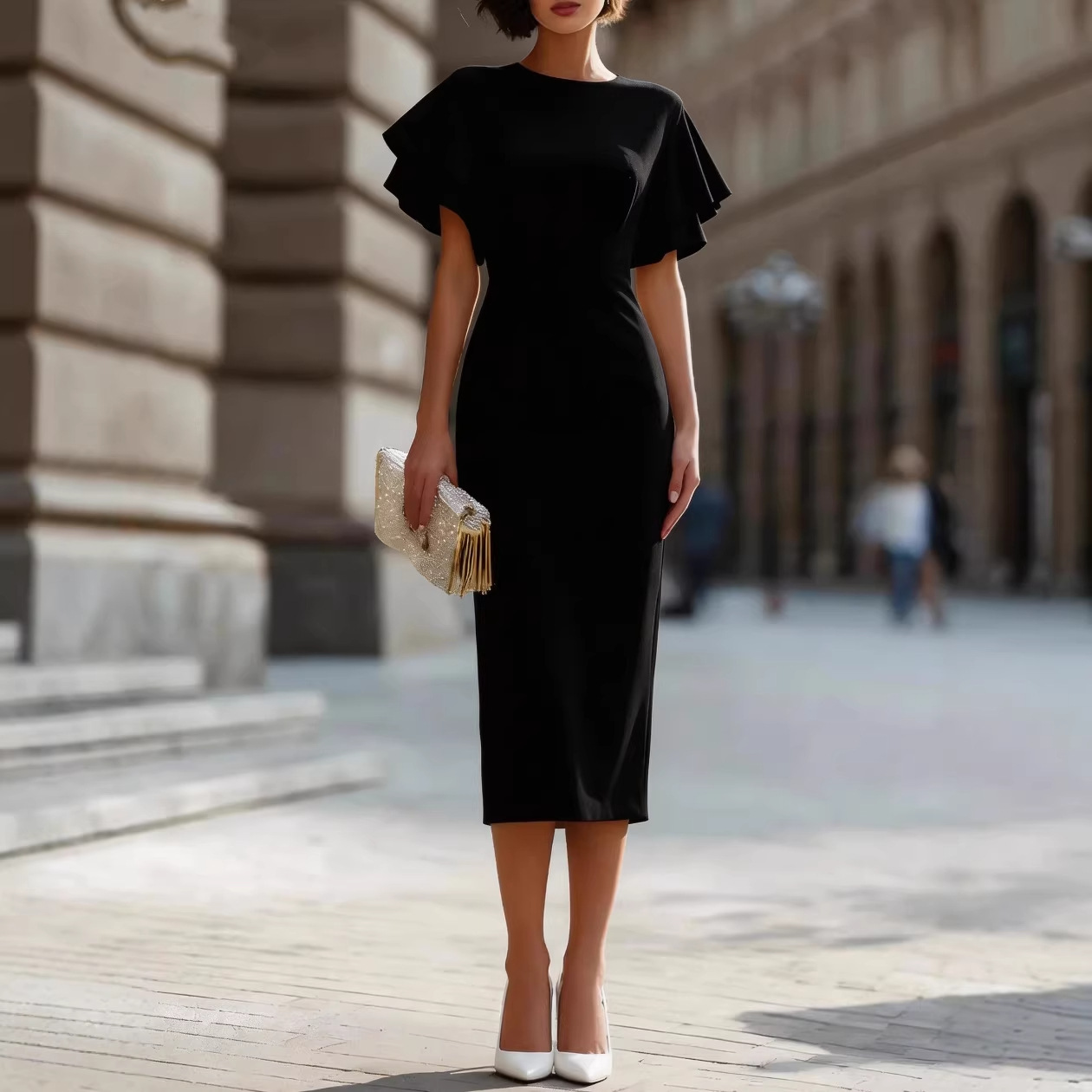 Robe midi élégante à manches à volants pour femme, coupe ajustée, moulante, pour soirée, mariage, invitées, cérémonie, soirée formelle