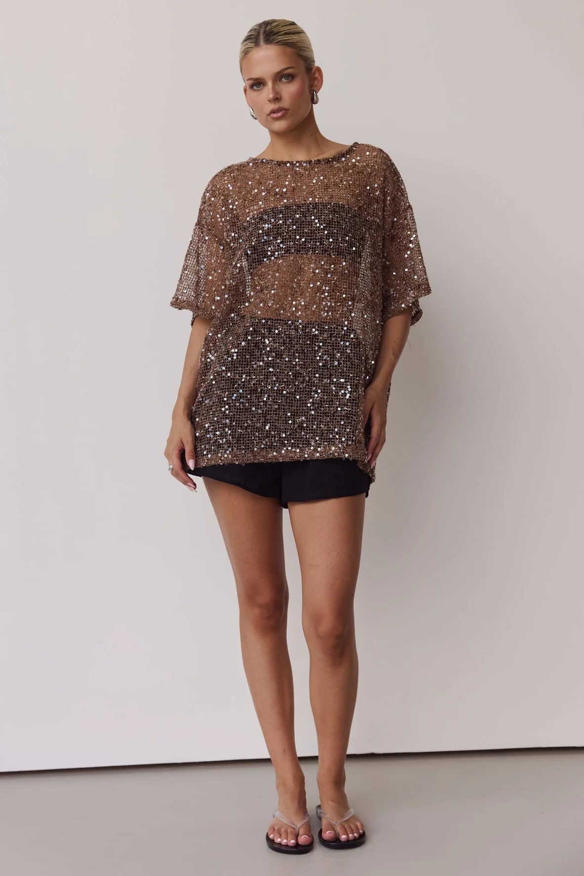 Chemisier Femme Transparent à Paillettes, Col Rond, Manches Courtes, Coupe Ample, Évidé, Nouvelle Collection Décontractée pour l'Été