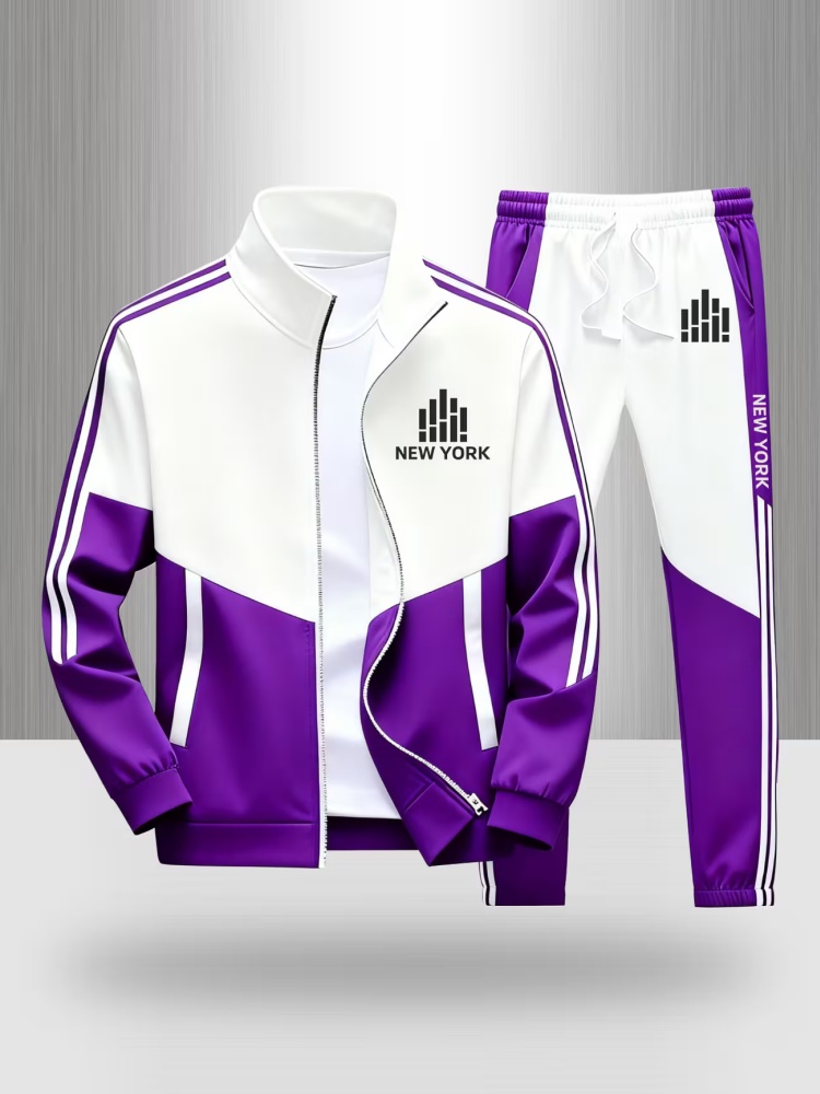 Ensemble de survêtement pour homme, veste zippée et pantalon de jogging à blocs de couleurs, imprimé New York, tenue de sport décontractée en deux pièces.