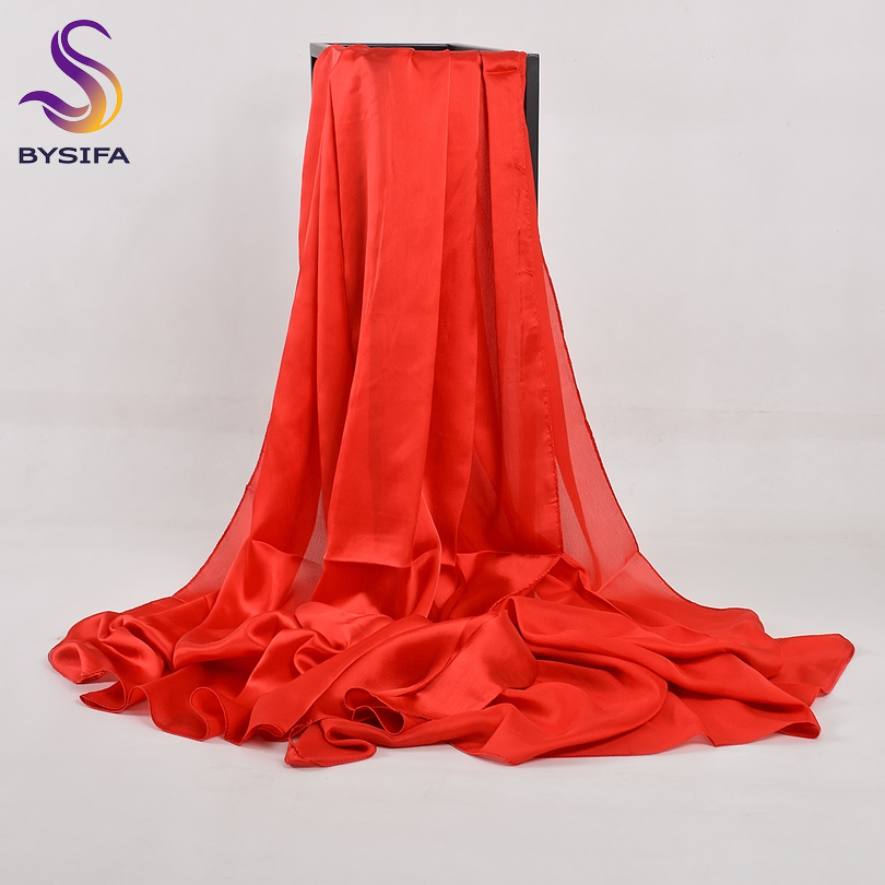 [BYSIFA] foulard en soie chinois hiver femmes longue écharpe en Satin châle de luxe vin rouge foulards Simple musulman plaine foulard 180*90 cm