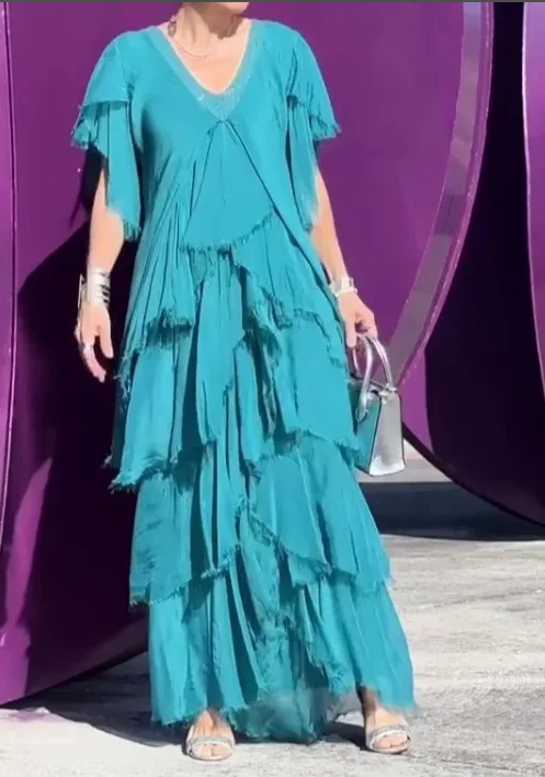 Robe longue sexy pour femmes, col en V, manches courtes, à volants, coupe ajustée, élégante, pour soirée, maxi, à empiècements, coupe A-line, taille haute