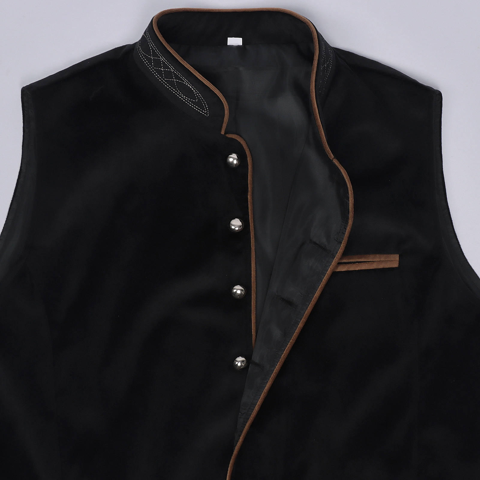 Gilet en velours noir pour homme, style rétro, col montant, simple boutonnage, avec broderie, sans manches, pour Halloween et cosplay