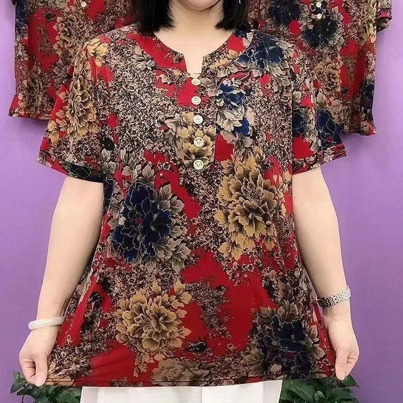 Vêtements pour femmes d'âge moyen et âgées, été 2025, t-shirts amples à imprimé floral vintage, décontractés, col rond, manches courtes, pulls