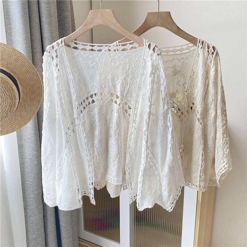Cardigan pour femme à manches kimono, ouvert sur le devant, ajouré, en maille ouverte, style bohème, pour le printemps, l'été et comme cache-maillot de plage