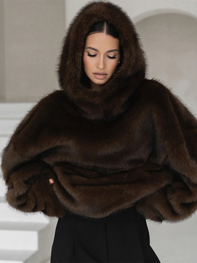 Manteau d'hiver à capuche en fausse fourrure marron pour femme, manches longues, chaud, épais, ample, pull en peluche, mode dame, nouveaux vêtements d'extérieur, 2025