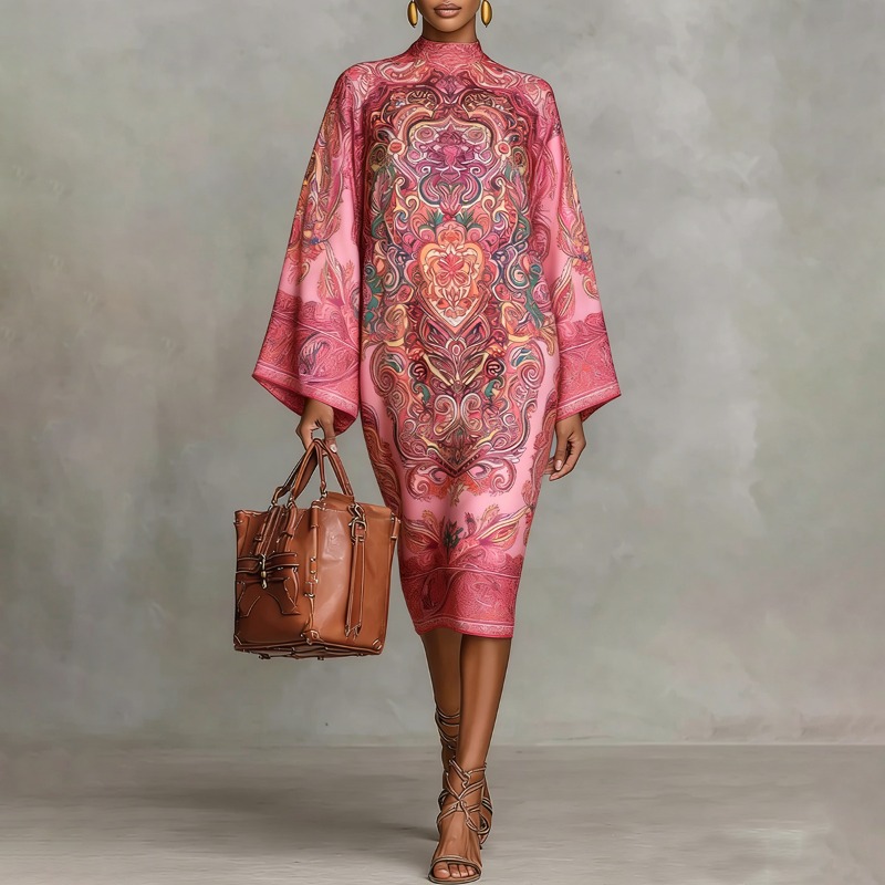 UOOZEE femmes Vintage élégant imprimé col haut caftan Robe manches longues ample élégant soirée robes mi-longues Robe 2026 nouveau