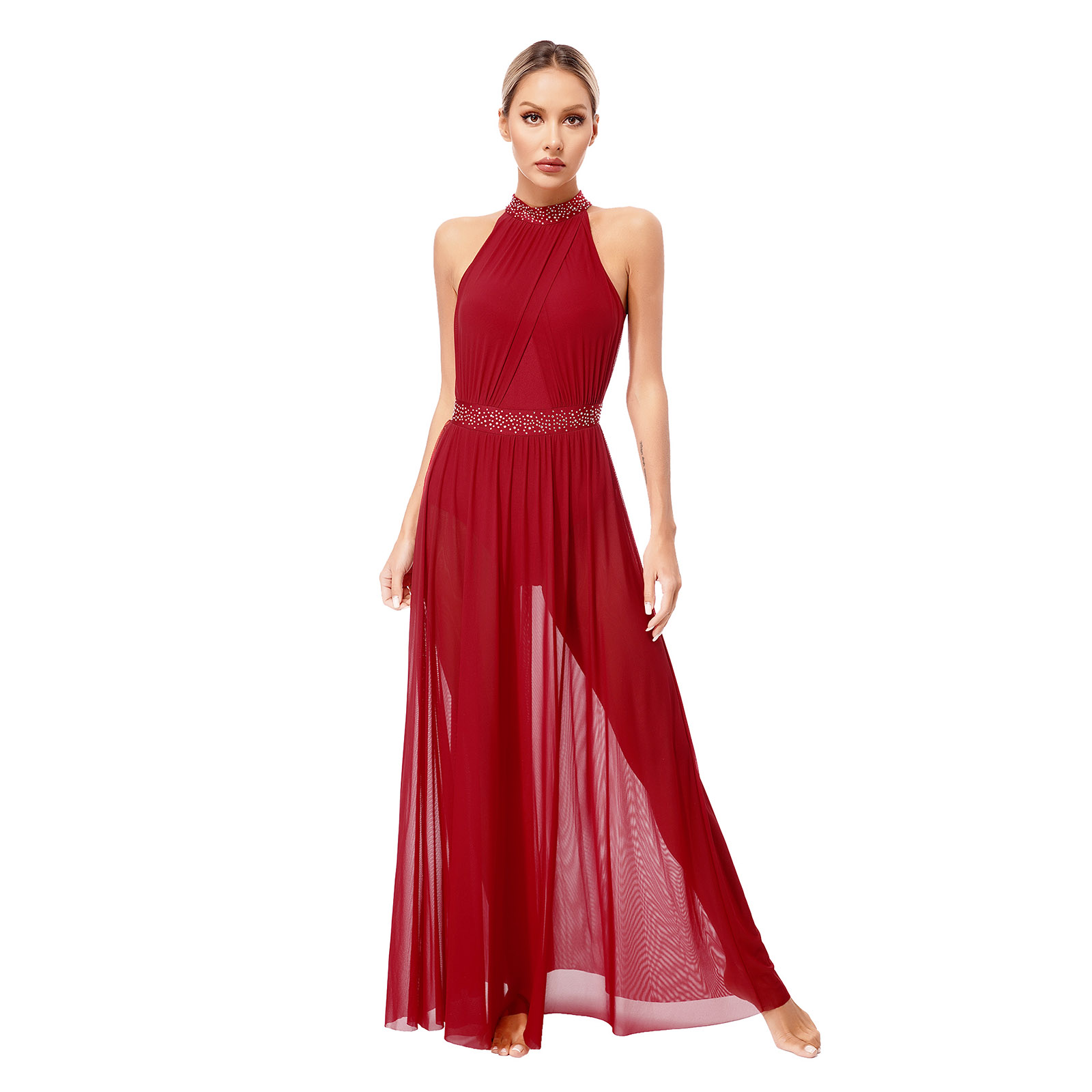 Justaucorps licou en biscuits brillants pour femmes, costume de scène lyrique, robe en tulle transparent, robe maxi fluide, vêtements de danse de salon, fendu