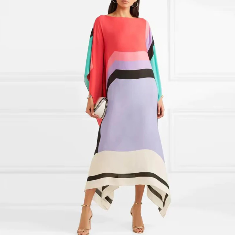 Robe longue irrégulière à col rond pour femmes, manches chauve-souris, robe maxi Boho, patchwork, imprimé rayures bonbons, caftan, printemps, été