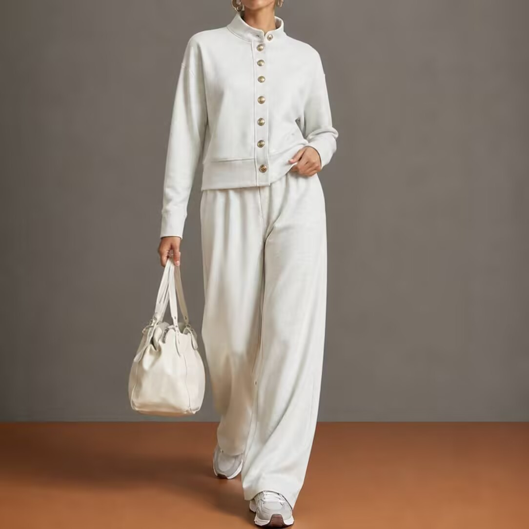 Ensemble 2 pièces pour femmes : veste courte à col montant et boutons sur le devant, hauts à manches longues, pantalon à jambes larges et taille élastique, ensemble uni et décontracté.