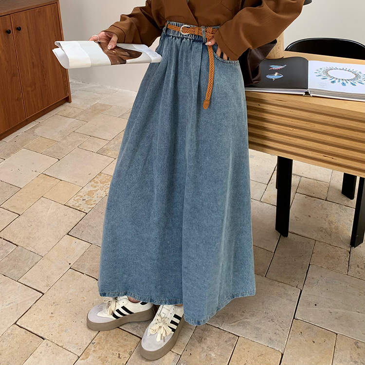 Jupe longue évasée en jean délavé style rétro pour femme, taille élastique, printemps-automne