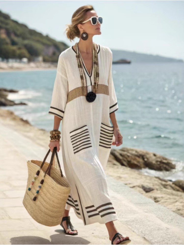 Robe grande taille pour femmes, style bohème, rayée, extra longue, col en V, robe ample, été, lin, plage, vacances, quotidien, décontractée, trajets quotidiens, vestidos