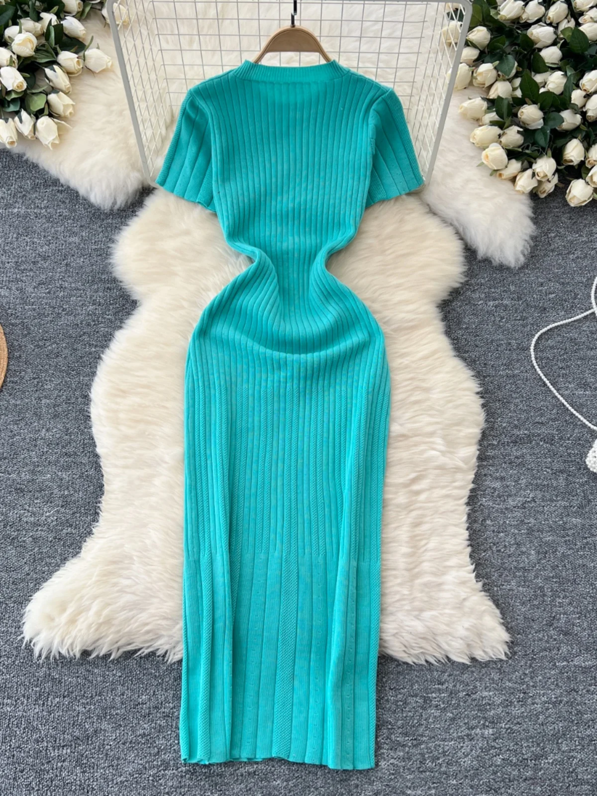 Robe moulante tricotée pour femmes, col rond, simple boutonnage, manches courtes, Slim, Style français, robes longues pour dames, printemps automne