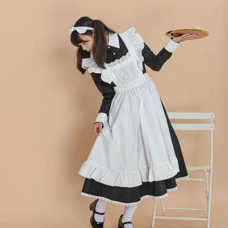Robe de demoiselle d'honneur Lolita, uniforme noir Kawaii, costume de nounou, pour femmes, adolescentes, filles, tenue de serveuse britannique Kodona avec tablier
