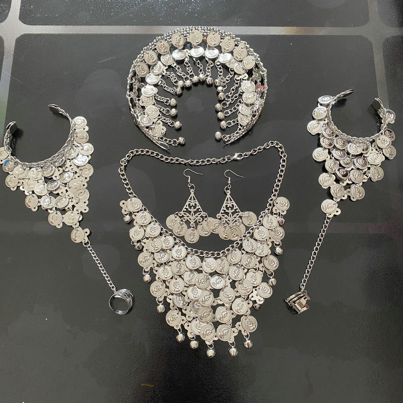 Ensemble complet d'accessoires de danse orientale pour femmes, bijoux indiens, collier traditionnel, ornement de cheveux, bandeau, bracelet, boucles d'oreilles, pour filles.