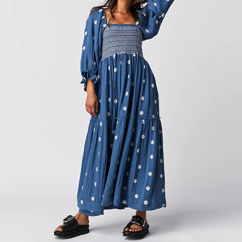 Robe maxi trapèze à volants pour femmes, style plage, vacances, bohème, floral, col carré, manches longues, club, soirée