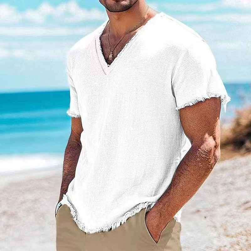 Mode d'été hommes coton lin chemises Vintage solide décontracté ample gland hauts col en v T-shirts à manches courtes T-shirts chemises pour homme