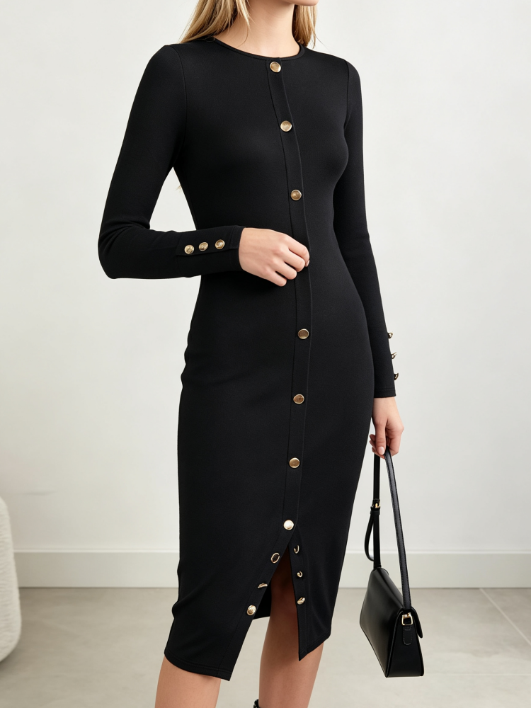 Robe pull mi-longue pour femme, à manches longues, en tricot, moulante, avec détails boutonnés, ourlet fendu, élégante pour le bureau, les soirées et le quotidien en automne.