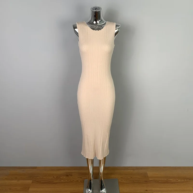 Style coréen élégant Sexy moulante robe sans manches femmes mode cheville longueur taille haute solide robe tricotée dos fente robes