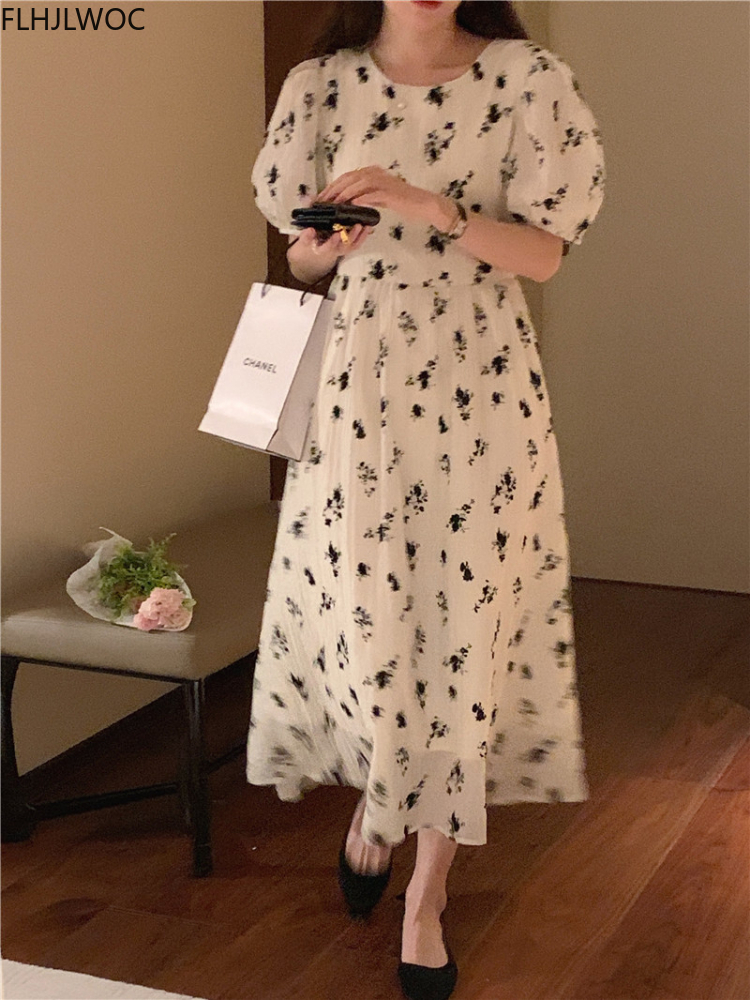 Robe longue vintage à imprimé floral pour femmes, vêtements coréens chics, design pour femmes, vacances d'été, date, filles, col rond, dame élégante, rétro, 2022