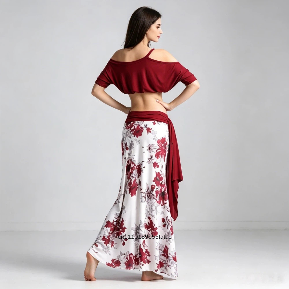 Nouvelle tenue de danse orientale pour femmes, ensemble jupe longue fendue à manches trompette, costume de performance et d'entraînement de danse du ventre