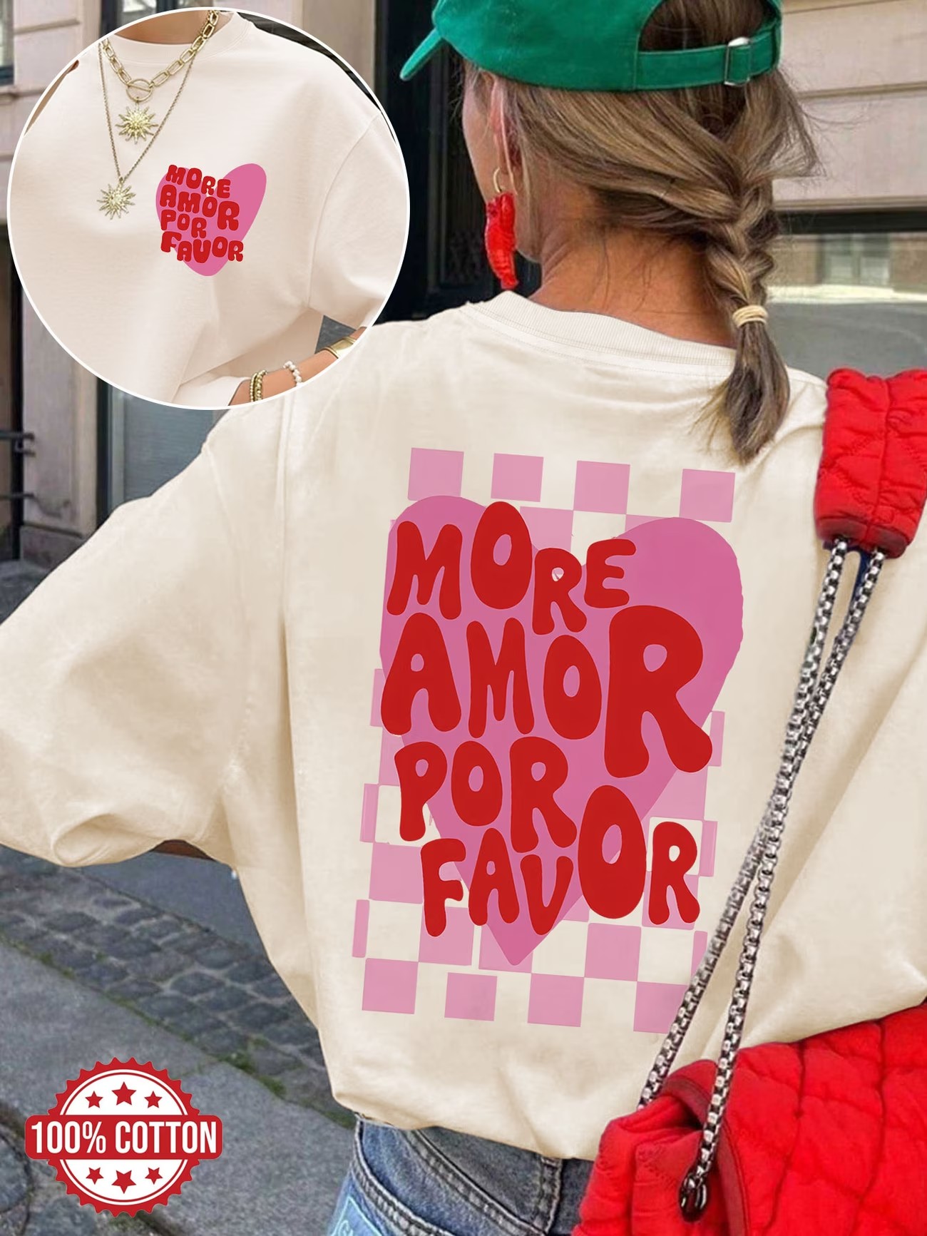 T-shirt ample en coton pour femme, motif 'Amor Por Favor' rétro espagnol, décontracté d'été, style esthétique, vêtements pour femme