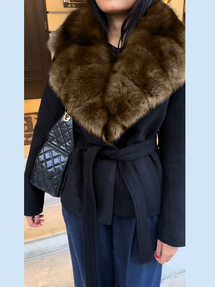 Manteau en laine à lacets en fausse fourrure pour femme, élégant, col châle, ceinture, taille, manches longues, mode automne hiver, vêtements d'extérieur pour dames