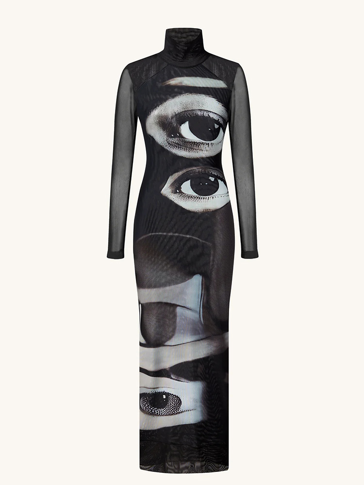 Ahagaga mode femmes Maxi robes imprimé col roulé manches longues régulières gaine coupe ajustée yeux casual Streetwear robes