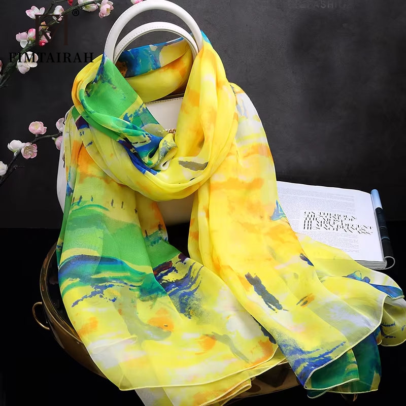 Foulard en soie imprimé jaune pour femme, châle long, doux et élégant, mode printemps automne hiver et été, 100%