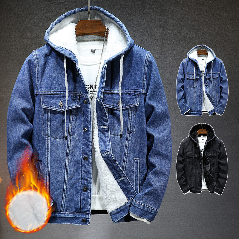 Veste en jean à capuche pour homme, manteau rétro, coupe-vent épais et chaud en velours, automne et hiver
