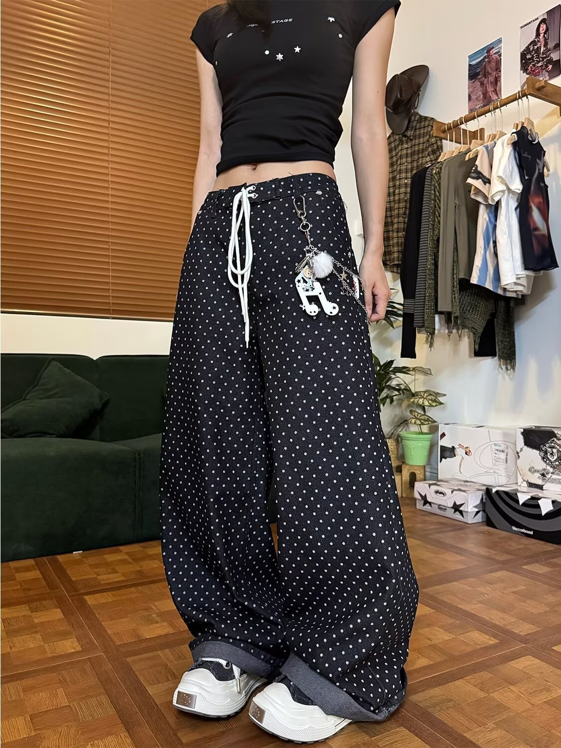 Pantalon femme noir gothique Y2k Baggy jean Harajuku Vintage à pois Denim pantalon japonais années 2000 Style surdimensionné jean pantalon