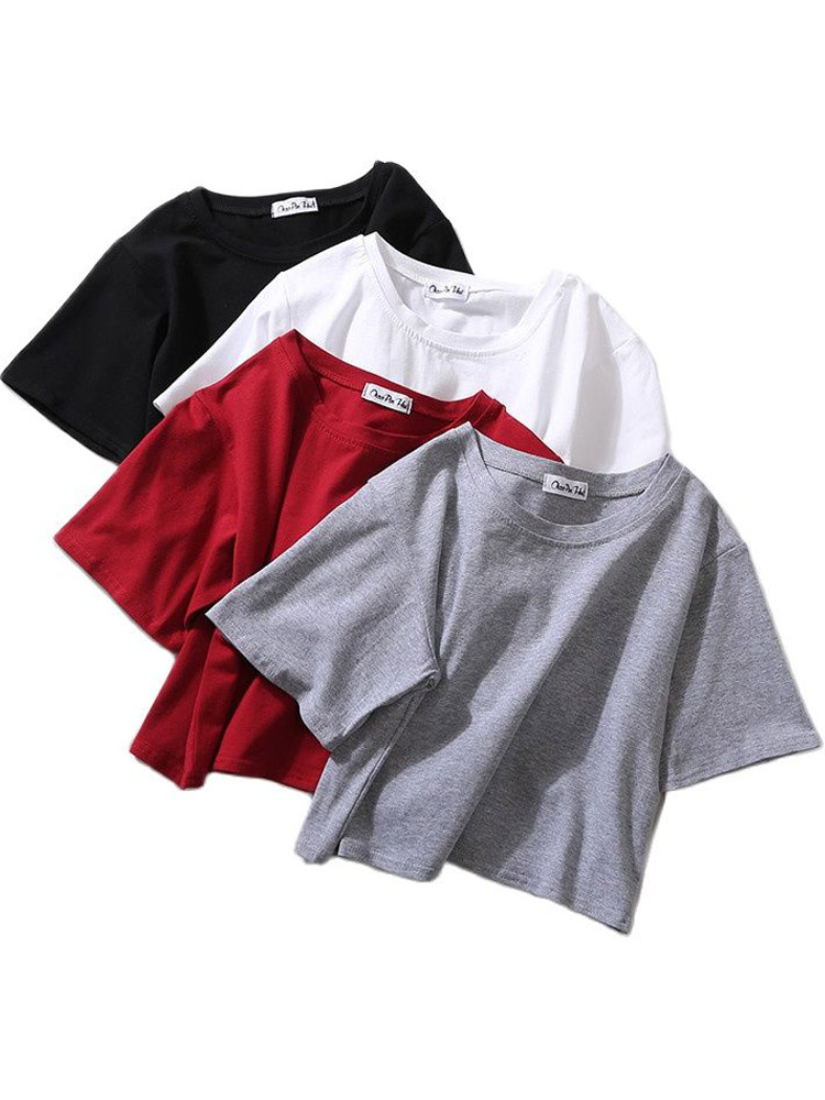 Été à manches courtes t-shirts femmes solide T-shirt col rond taille haute haut court T-shirt femme décontracté ample T-shirt