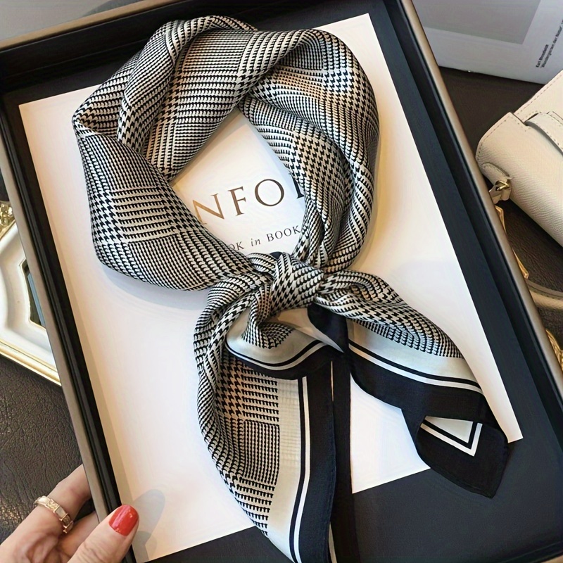 Foulard carré pied-de-poule noir et gris, 27,58 pouces, style Boho, sensation de soie fine, petit foulard décoratif professionnel pour femmes