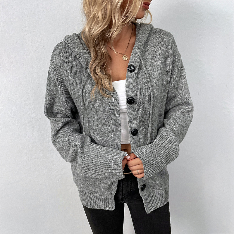 Cardigan tricoté à capuche pour femmes, décontracté, mode, couleur unie, manches longues, simple boutonnage, manteau