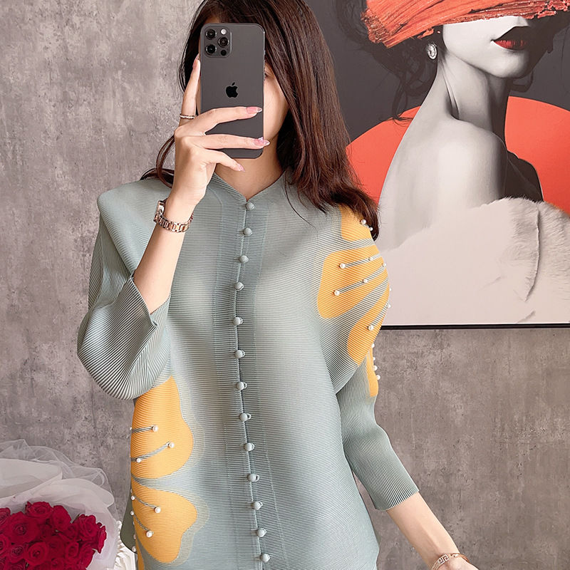 Vêtements pour femmes Miyake plis mode Cardigan haut Style d'été coupe ample manches chauve-souris chemise imprimée vêtements d'hiver femmes
