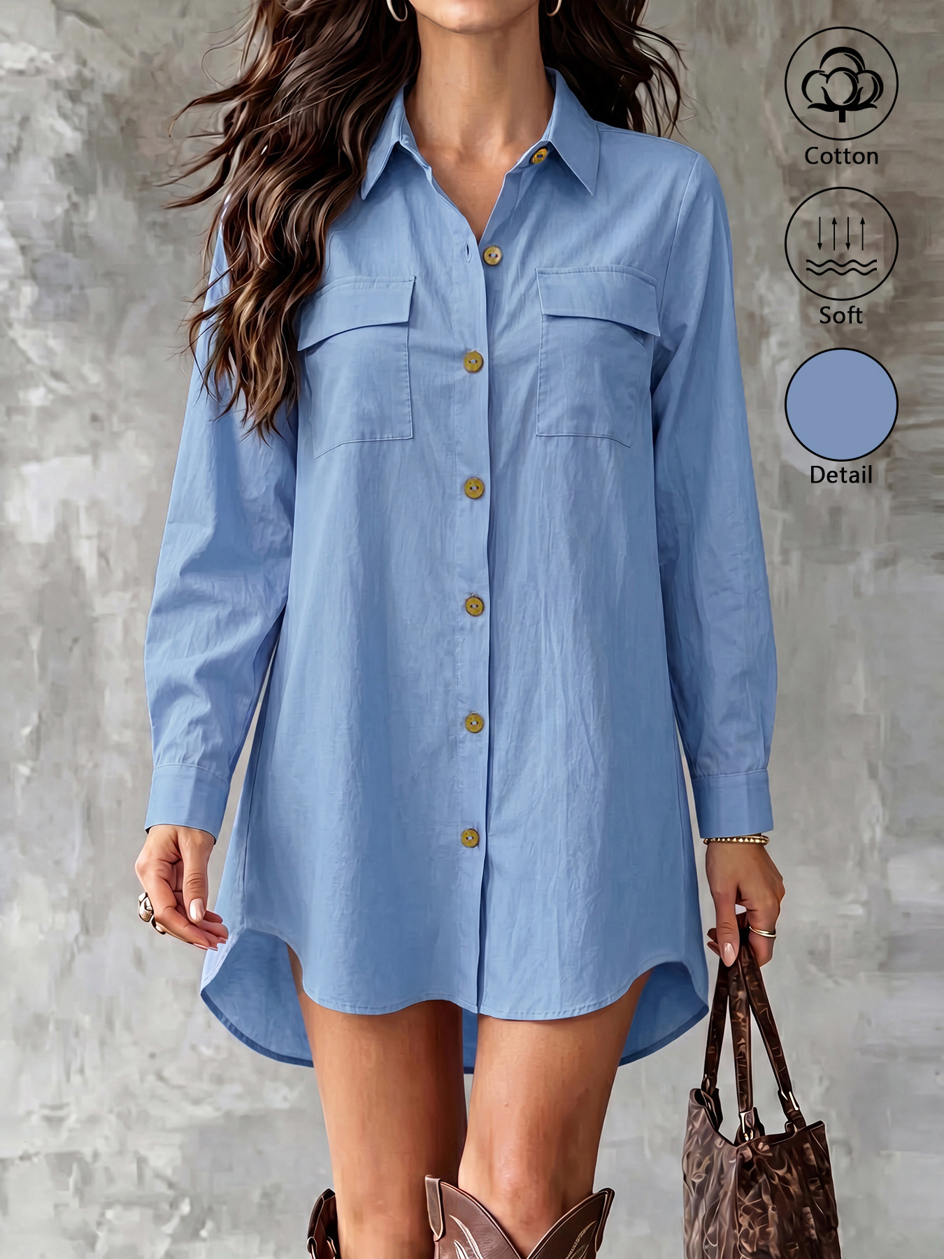 Robe chemise pour femme 100 % coton à manches longues, avec col, fermeture boutonnée, poche poitrine et ourlet asymétrique.
