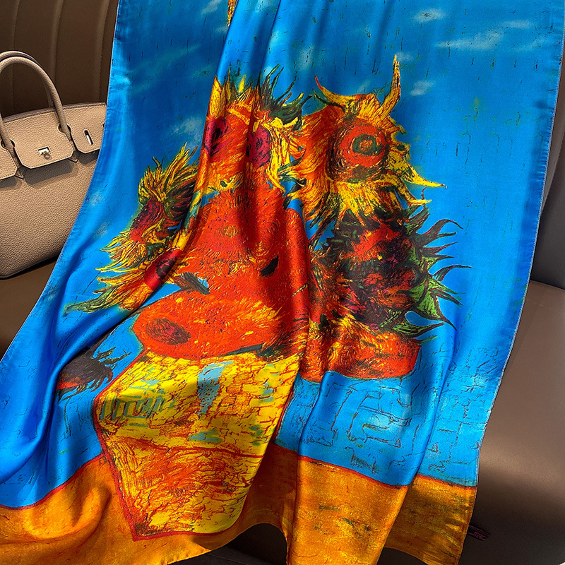 Van Gogh – écharpe en soie pour femmes, marque de luxe, imprimé tournesol, châle, Femme, plage, protection solaire, longue écharpe Hijab, été