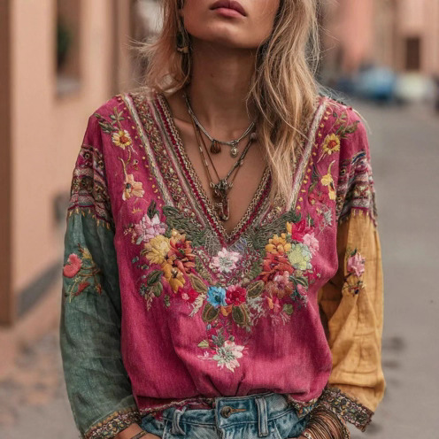 Chemise décontractée à col en V imprimée pour femmes, chemises à manches longues, hauts à la mode, style bohème, vintage, vêtements de printemps pour femmes