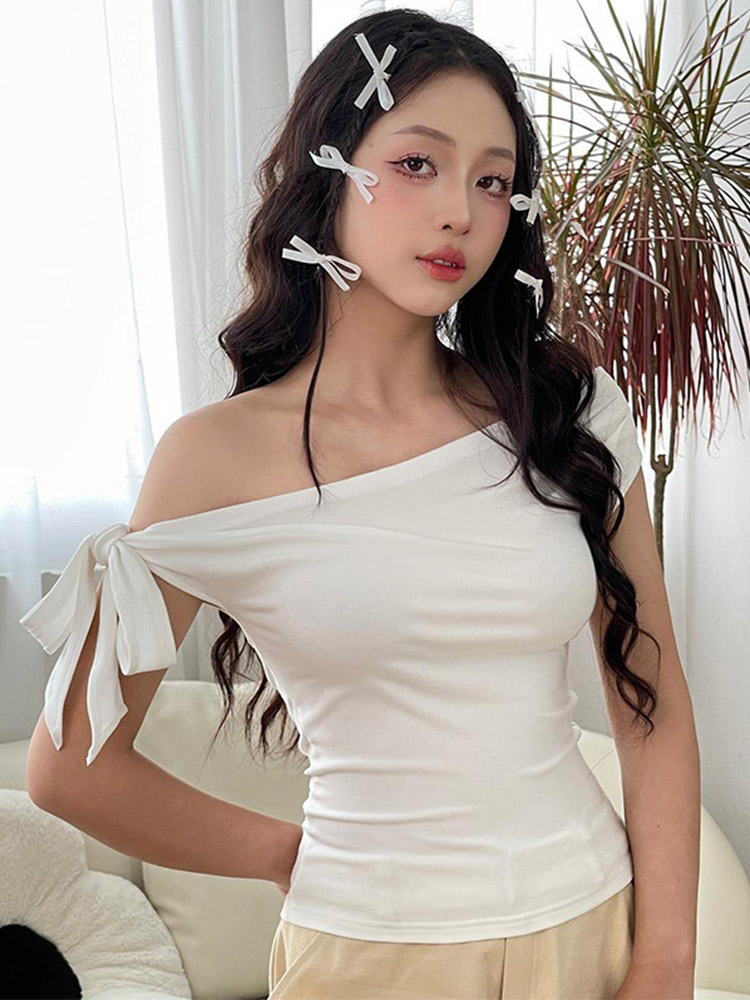 2025 femmes été Ins Style nouveau rétractable plissé une épaule haut court dos nu torsion cravate asymétrique T-Shirt haut décontracté