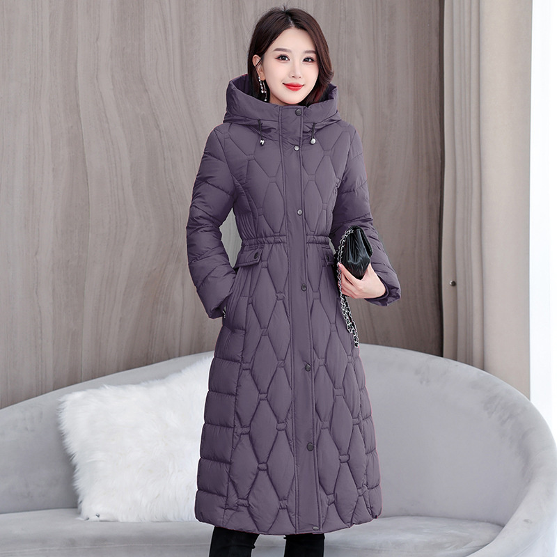 2025 mode hiver manteaux longs Parkas femmes vers le bas coton rembourré veste épaissir chaud pardessus diamant Texture vêtements d'extérieur à capuche