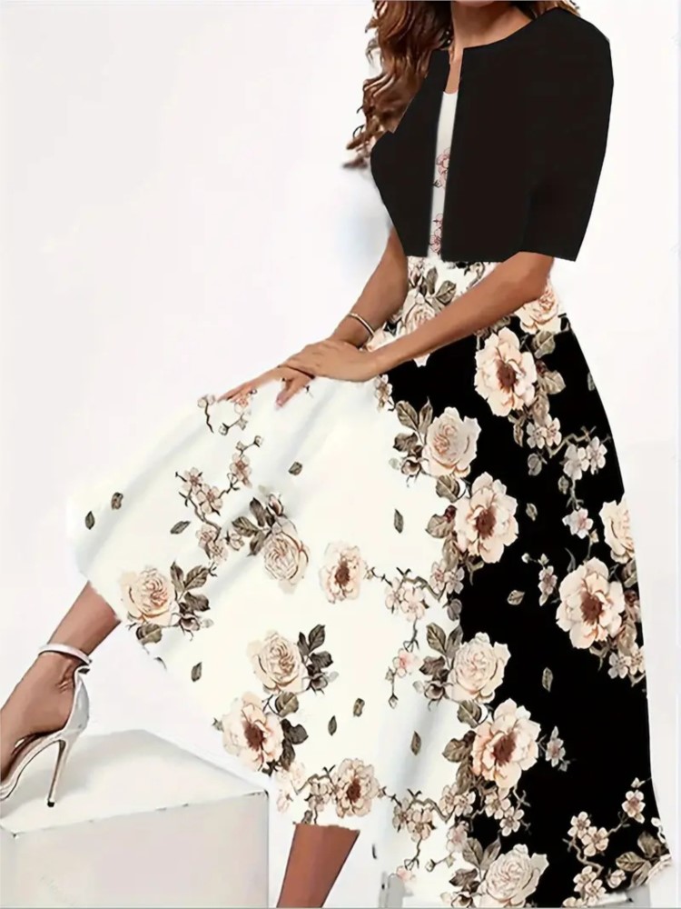 Robe longue décontractée à imprimé floral pour femmes, cardigan court à col en V, manches mi-longues, robes mi-longues trempées, ensembles élégants