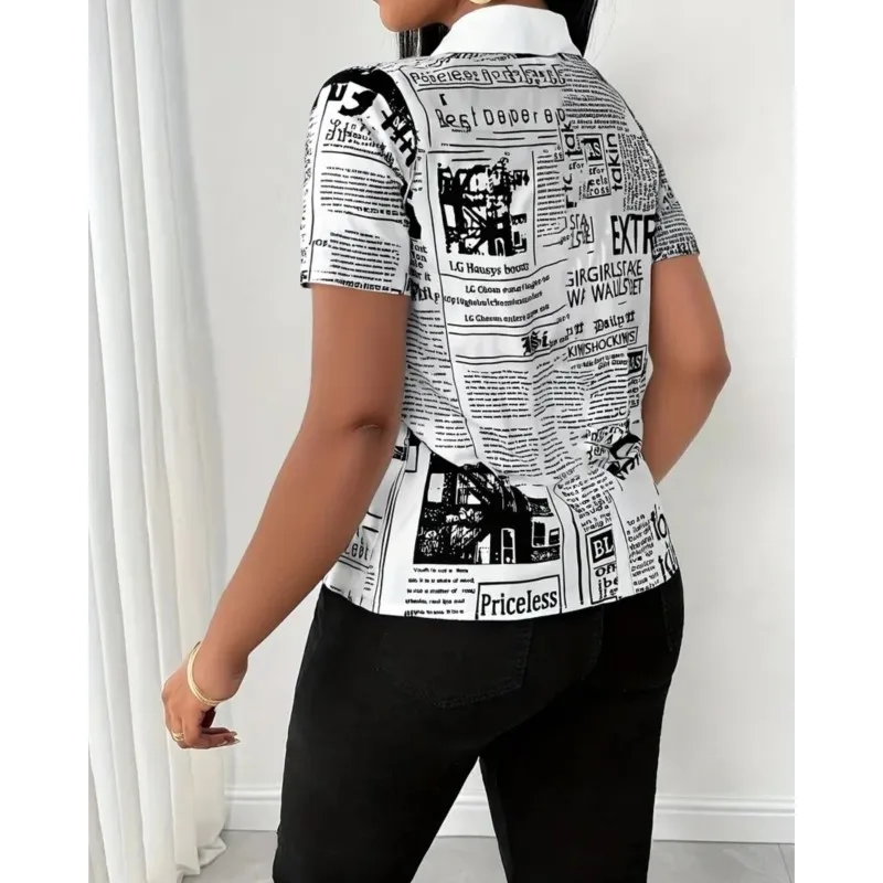 Chemisiers élégants pour femmes, mode d'été, motif de journal imprimé, simple boutonnage, manches courtes, col en v, hauts décontractés