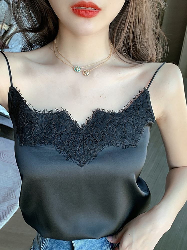 InjTop-Haut court à bretelles en dentelle et col en V pour femme, sous-vêtement sexy en satin