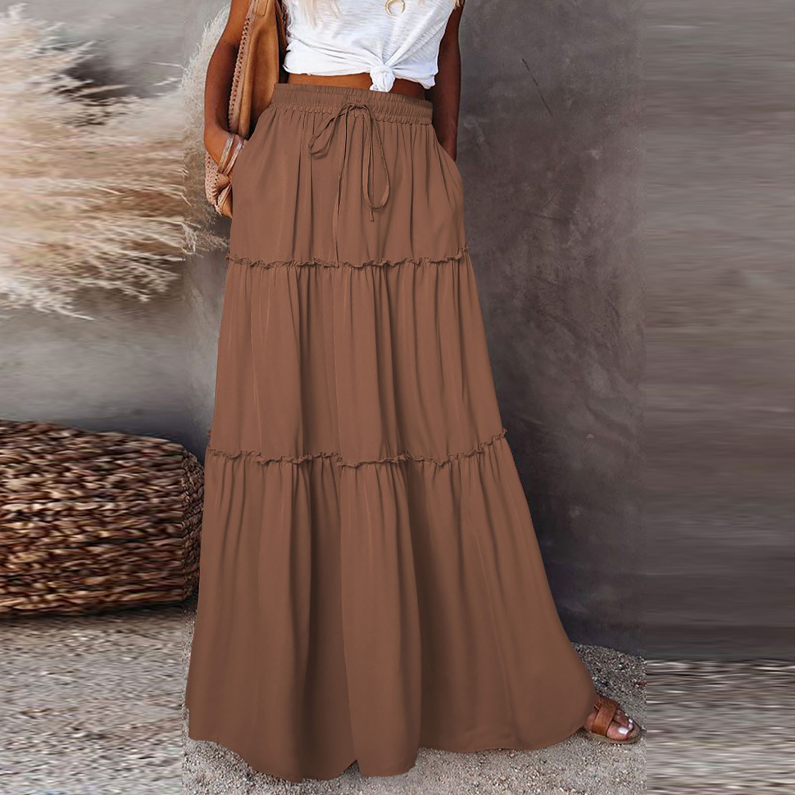 Jupe longue pour femme, couleur unie, taille élastique, coupe ample, décontractée, taille haute, polyvalente, style robe mi-longue
