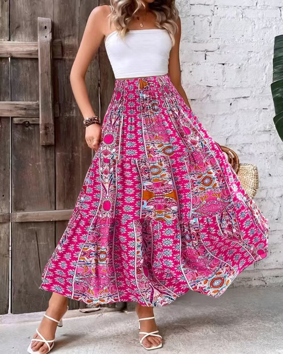 Mode Boho imprimé jupe longue décontracté rétro vacances Style taille élastique a-ligne grand ourlet jupe pour les femmes 2025 printemps été nouveau