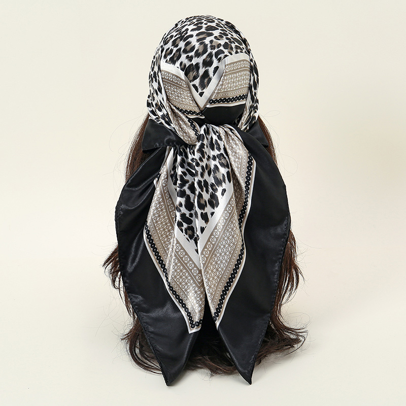 Foulard carré imprimé léopard pour femmes, 90x90cm, sensation de soie, écharpe en Satin, Hijabs rétro vin rouge, enveloppes pour cheveux, cadre coloré, Turban Floral