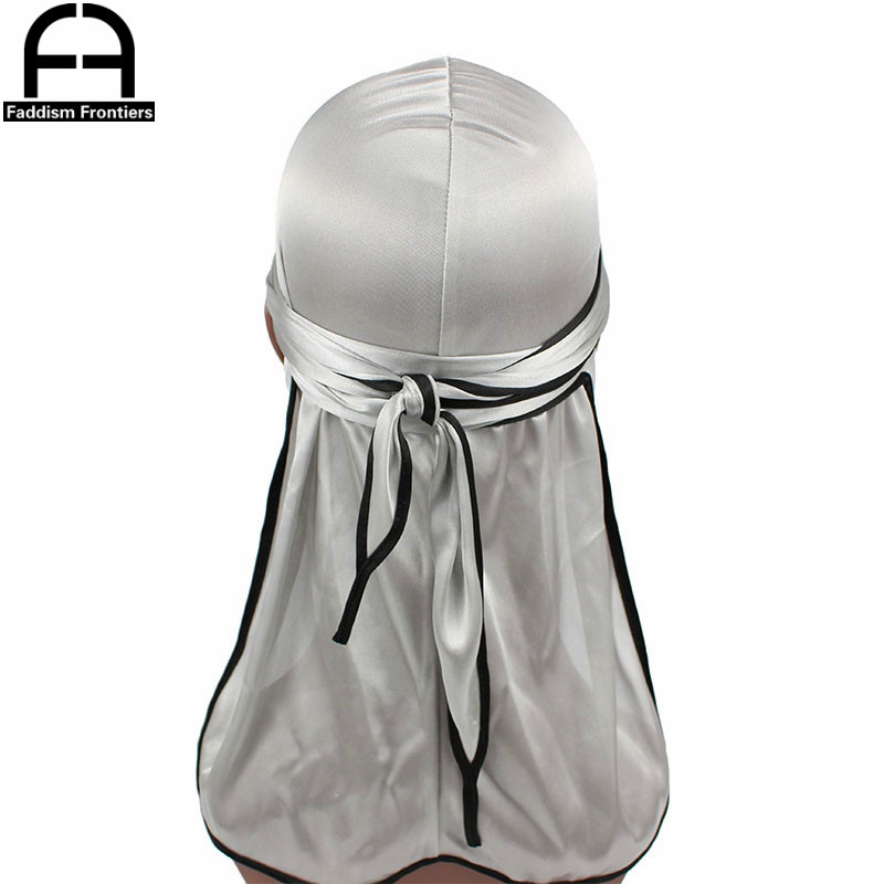 Unisexe hommes soyeux Durag noir couture soie Durags Bandanas pour hommes longue queue Doo Du Rag vague casquette