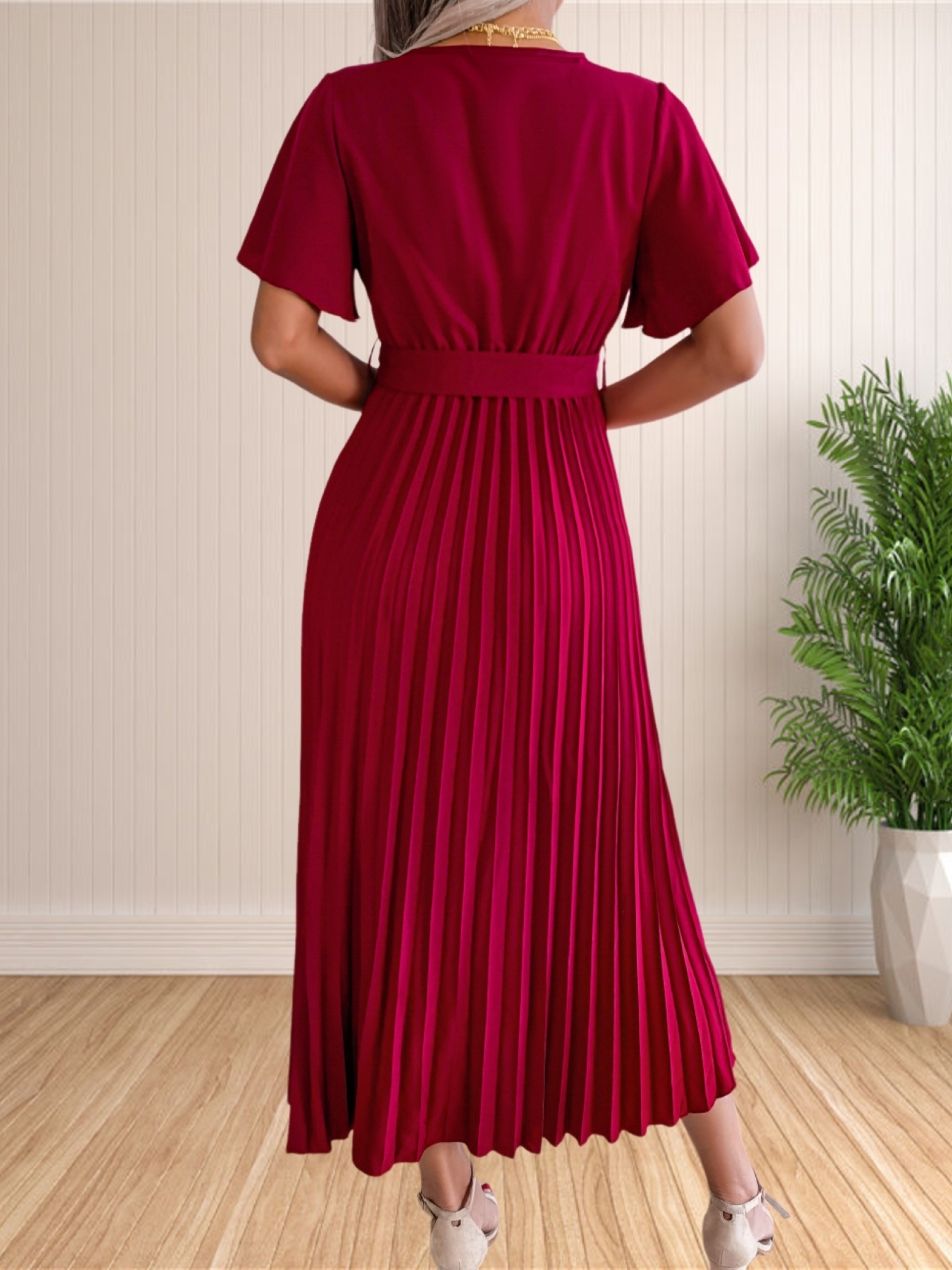 Robe de soirée plissée à manches à volants pour femmes, taille haute, col en V, balançoire, cocktail, longue, maxi, été