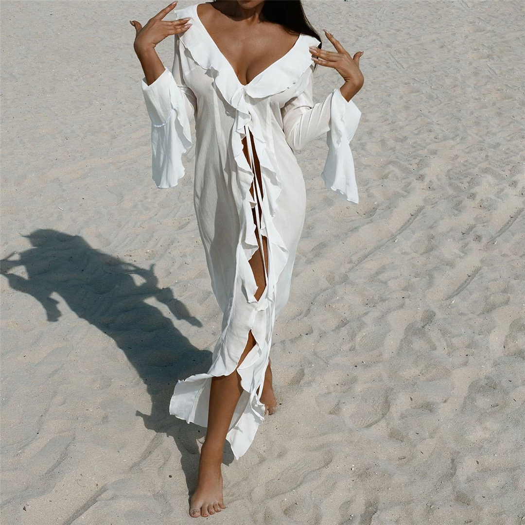Nouveau Sexy col en V à volants à manches longues en mousseline de soie tunique plage couvrir couvertures femmes robe de plage vêtements de plage femme vêtements de plage